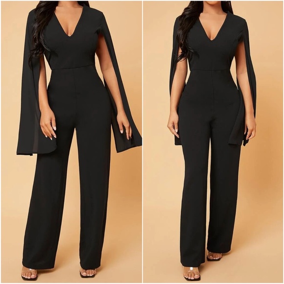 Pants - Black Plunging Neck Cape Sleeve Jumpsuit